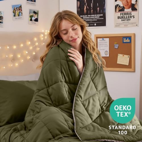 MUXHOMO 5 Pieces Twin XL Comforter Set, Reversible Bed in a Bag Twin XL Size, All Season Bedding Set with Comforter, Flat Sheet, Fitted Sheet, Pillowcases & Shams, Olive Green & Beige