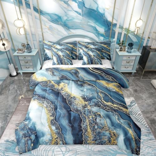 Erosebridal Indigo Tie Dye Bedding Set for Kids Teens,Abstract Marble Comforter Set Full Size,Ink Fluid Art (Comforter+Fitted+Flat Sheet+2 Pillowcases+2 Throw Pillow Covers) 7 Pieces Bed Set