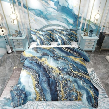 Erosebridal Indigo Tie Dye Bedding Set for Kids Teens,Abstract Marble Comforter Set Full Size,Ink Fluid Art (Comforter+Fitted+Flat Sheet+2 Pillowcases+2 Throw Pillow Covers) 7 Pieces Bed Set