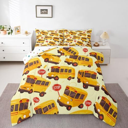 Erosebridal School Bus Comforter Set Toddler for Kids, Cartoon Truck Bedding Set for Boys Girls Teens Youth Bedroom Decor, School Theme Comforter, Yellow Vehicle Quilt with 1 Pillowcase, 2 Pcs