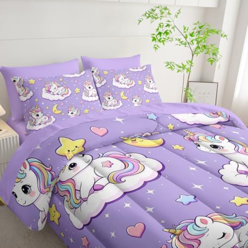 HOSIMA Cute Unicorn Bed in a Bag Twin 7 Piece Bedding Set for Kids Girls.