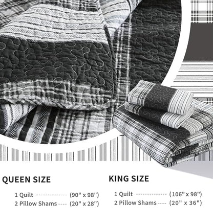 Homzard King Size Comforter - 100% Cotton, Black White Striped King Quilt Bedding Set,Black Grey Plaid Striped Bedding King,Farmhouse Lightweight Comforter for Bed,All Season