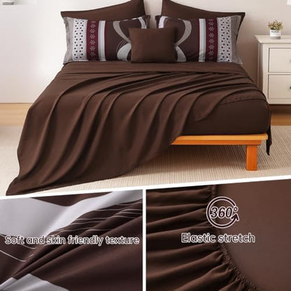 Red Brown Comforter Set King Size,8 Pieces Patchwork Striped Bed in a Bag