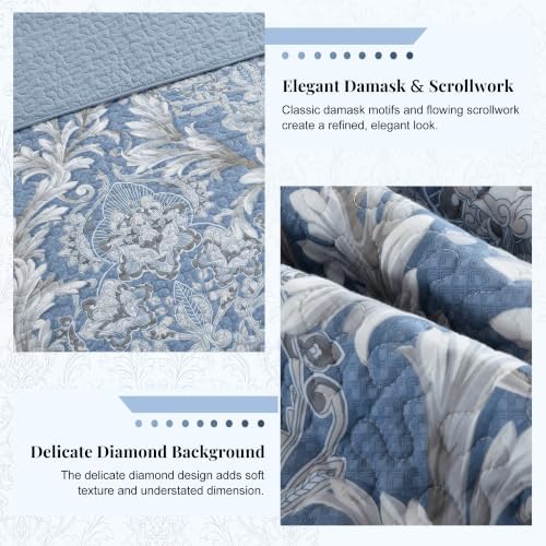 100% Cotton Queen Quilt Set - Classic Damask Quilts Queen Size - Dusty Blue
