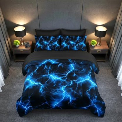 QOOMO Blue Lightning 7 Pieces Comforter Set Queen,Neon Bedding Set for Kids