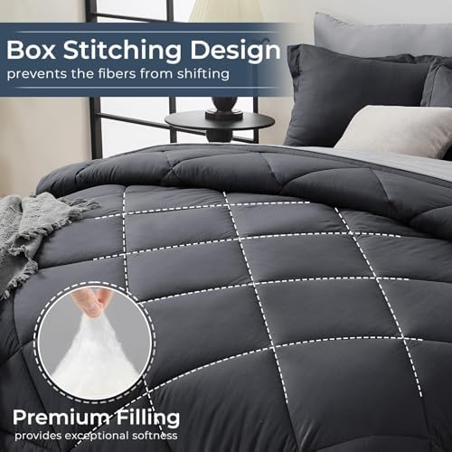 HEVUMYI 7-Piece Oversized Queen Comforter Set, Dark & Light Grey Bed in a Bag
