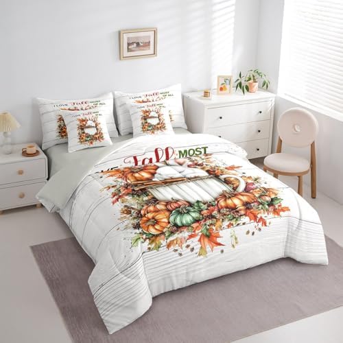 Erosebridal Autumn Rustic Farmhouse Twin Comforter Set 7 Piece Fall Rabbit Pumpkin Print Bed in A Bag with Sheets for Kids Boys Girls Adultsmaple Leaf Print Bedding Set Retro Bed Set