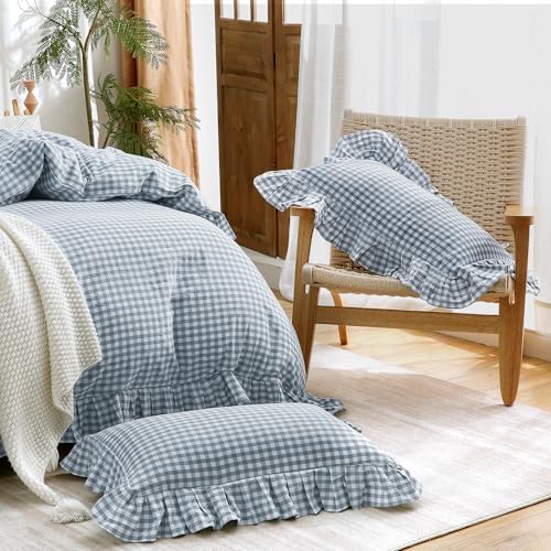 ATsense Blue Gingham Ruffle Duvet Cover Set Cotton Like Linen, Twin