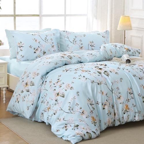 MUXHOMO Ceiba Blue Bed in a Bag Queen 7 Pieces, Queen Comforter Set Reversible Botanical Flowers Design, Ultra Soft & Breathable Bedding Sets with Comforter, Sheets, Pillowcases & Shams
