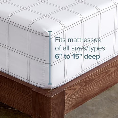 Bare Home Fitted Sheet - 1800 Ultra-Soft (King, Modern Plaid - White/Grey)