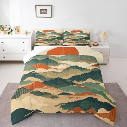 Japanese Style Comforter Set King Size,Abstract Mountain Bedding Set for Kids Boys Girls Room Decor,Sun Foggy Mountain Woodland Duvet Insert 3Pcs,Modern Comic Microfiber Quilt Set,2 Pillowcases