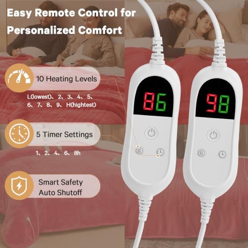Heated Electric Blanket Queen Size, Dual Control, 84" x 90", Peach
