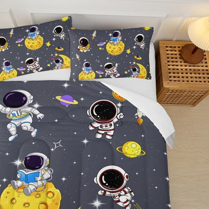 Grey Space Theme Comforter Set Twin ，Astronaut Twin Bedding Sets for Boys ，Twin Size Galaxy Bedding Set for Kids ，Outer Space Bedroom Decor for Boys