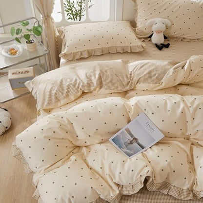 mixinni Floral Duvet Cover Set King Size – 100% Cotton 3-Piece Bedding Set with Ruffled Trim, Reversible Vintage Beige Gingham & Strawberry Print, Soft Aesthetic Duvet Cover with Zipper Closure