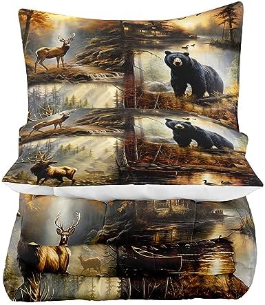 LUVIVIHOME 3PCS Black Bear Deer Comforter Set Queen Size, Elk Moose Mallard Duck Woodland Forest Animal Wildlife Hunting Camo Hunter Country Lodge Rustic Farmhouse Cabin Bedding Sets, 2 Pillow Shams