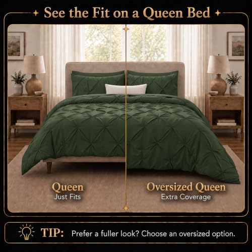 CozyLux Queen Comforter Set Olive Green, 7 Pieces Pintuck Bed in a Bag