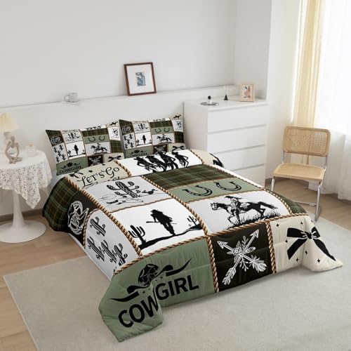 Western Cowgirl Comforter Set Queen Size,Cactus Horseshoe Cow Skull Rustic Farmhouse Bedding Set,Girls Women Room Decor,Bow Arrow Patchwork Down Comforter,Camo Country Duvet Insert,2 Pillowcases