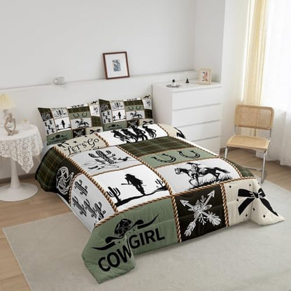 Western Cowgirl Comforter Set Queen Size,Cactus Horseshoe Cow Skull Rustic Farmhouse Bedding Set,Girls Women Room Decor,Bow Arrow Patchwork Down Comforter,Camo Country Duvet Insert,2 Pillowcases