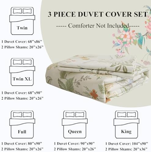 Chic Botanical Floral Duvet Cover King White Soft 100% Cotton Garden Floral Bedding Set King Vintage Style Cottagecore Comforter Cover with Zipper Closure 1 Flower Duvet Cover with 2 Pillowcases