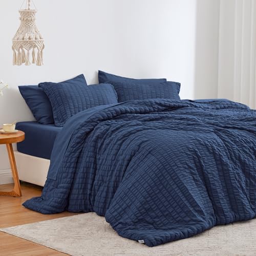 Love's cabin Seersucker Dark Blue King Size Comforter Set