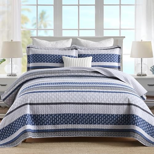 Homzard 100% Cotton King Size Comforter Set Blue Grey Striped Quilt Set
