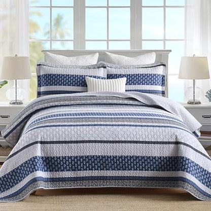 Homzard 100% Cotton King Size Comforter Set Blue Grey Striped Quilt Set