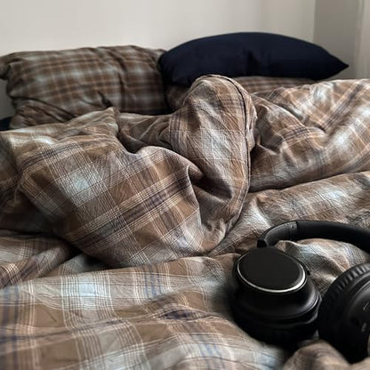 LifeTB Vintage Buffalo Plaid Duvet Cover Set King, Retro Brown&Blue Plaid Checkered Comforter Cover with 2 Pillowcases, 100% Washed Cotton Grid Duvet Cover Breathable Farmhouse Gingham Bedding Set