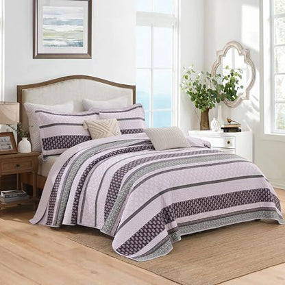 Homzard Quilts Queen Size, Cotton Comforter Set, Purple and Grey Queen Bed Set,Lightweight Striped Bedding, Farmhouse Bedspread All Season 3 Pieces
