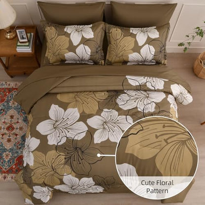 Luxudecor Brown King Size Comforter Set, 7 Pieces Floral Bed in a Bag