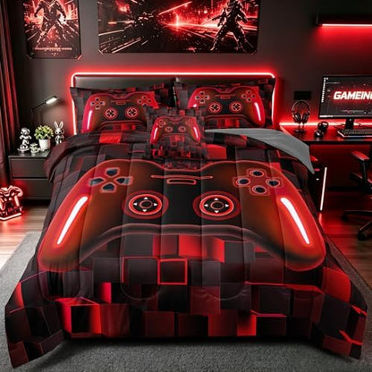 6 Pieces Kids Full Size Gaming Comforter Set, Red 3D Game Controller Bed in a Bag with Sheets, All Season Gamer Bedding Room Decor for Boys Girls Teens Full54