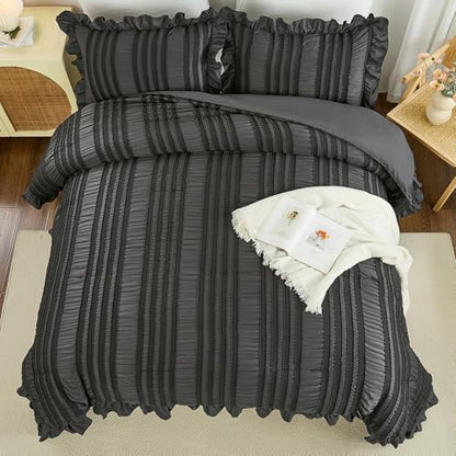 WONGS BEDDING Queen Comforter Set,Dark Grey Boho Comforter Set Queen,Shabby Chic Bedding Set for Bed, 3 Pieces Soft Lightweight Farmhouse Comforter for All Season 90"×90"