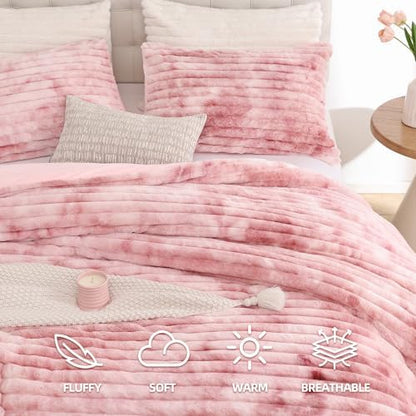 Smoofy Fluffy Full Size Comforter 3 PCS - Tie Dye Pink Fleece Bedding Set