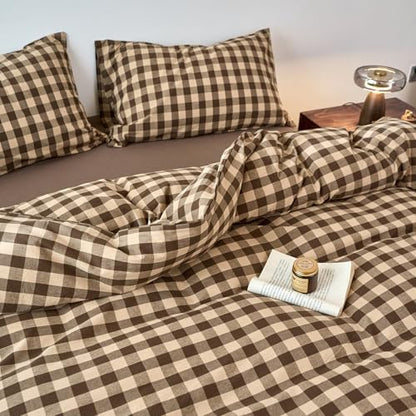 LifeTB Vintage Gingham Duvet Cover Twin Size, 100% Washed Cotton Brown Beige Plaid Checkered Comforter Cover with 2 Pillowcases, Breathable Grid Farmhouse Gingham Bedding Set for All Seasons