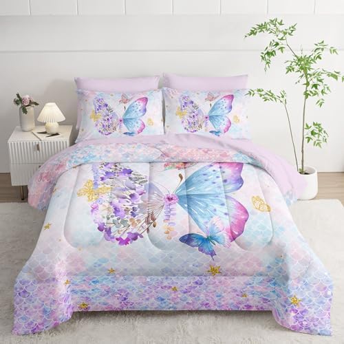 7Pcs Cartoon Butterfly Comforter Set Watercolor Printed Bedding Set with 1 Comforter, 1 Flat Sheet, 1 Fitted Sheet and 4 Pillowcases for Bedroom All Season(Butterfly-3 Full)