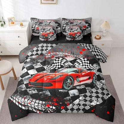 Castle Fairy Boys Red Race Car Comforter Set Bed in a Bag 7 Pieces Full,Speed Sports Car Bedding Set,Fast and Furious (Comforter+Fitted+Flat Sheet+2 Pillowcases+2 Throw Pillow Covers)