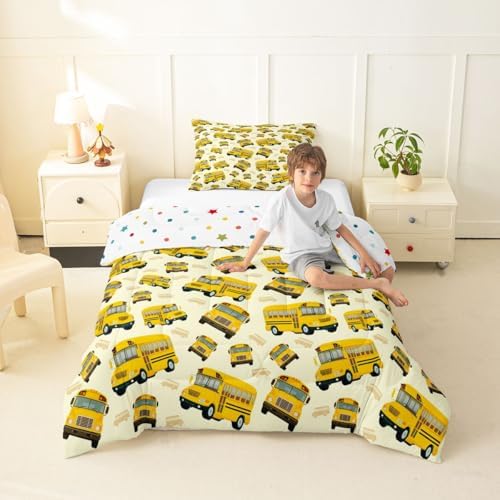 Feelyou Yellow School Bus Comforter Set Twin Size Cartoon Truck Bedding Set for Kids Boys Girls Transport Vehicles Duvet Quilt Bedroom Decor Microfiber 2 Pcs with 1 Pillow Case