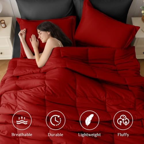JOLLYVOGUE Twin Comforter Set, Ultra-Soft Bed in a Bag Twin Size 5 Pieces, Oeko-TEX Certified Bedding Set with Down Alternative Comforter, Sheets, Pillowcases & Shams, Red & Black