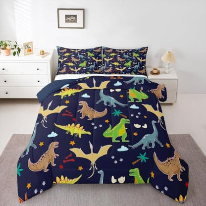 Boys Dinosaur Queen Comforter Set for Kids Cute Dinosaur Print Bedding,Green Beige Blue Dinos Bedding Comforter Sets,Cartoon Wild Animals Duvet Inset 3 Pieces,Dinosaur Room Decor for Boys Teens…
