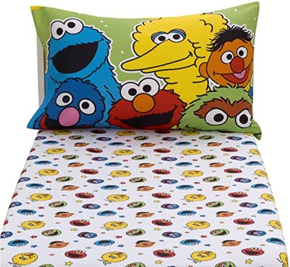 NoJo Sesame Street Come and Play Blue, Green, Red and Yellow, Elmo, Big Bird, Cookie Monster, Grover and Oscar The Grouch 2 Piece Toddler Sheet Set - Fitted Bottom Sheet and Reversible Pillowcase