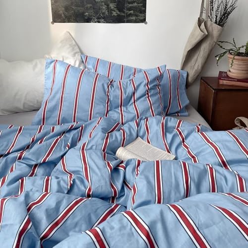 mixinni Vintage Blue & Red Striped Comforter Set Twin XL Size - Soft Cotton 3-Piece Bedding Set (1 Comforter + 2 Pillowcases), Retro Geometric Stripes Pattern, All-Season Lightweight & Breathable