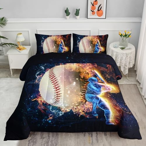 Axolotl 3D Baseball Comforter Set King,Sports Bedding,Red Blue Water Fire Comforter Set,Sports Baseball Loveer Bedding,Ball Sport Game Quilt for Kids Boys Teens Adults,1 Quilt 2 Pillowcases