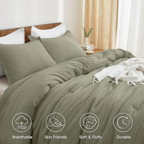 PHF Ultra Soft Waffle Comforter Set 3 Pieces King, Dusty Sage