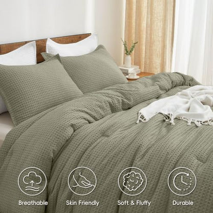 PHF Ultra Soft Waffle Comforter Set 3 Pieces King, Dusty Sage