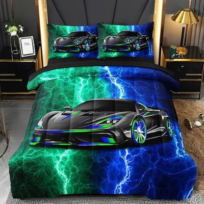 5 Pcs Twin Car Bedding Sets for Boys Teen, Blue Green Lightnings Car Twin Comforter Set for Boys, Twin Boy Bedding Set