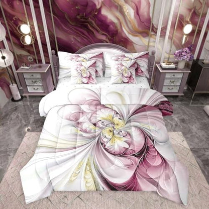 Erosebridal Pink Marble Flower Bedding Set for Kids Teens,Abstract Art Comforter Set Queen Size,Retro Artwork Style (Comforter+Fitted+Flat Sheet+2 Pillowcases+2 Throw Pillow Covers) 7 Pieces Bed Set