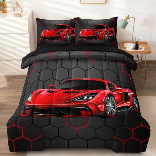 5 Pcs Race Car Twin Bedding Set for Boys, Red Sports Car Twin Boys Comforter Set with Sheets