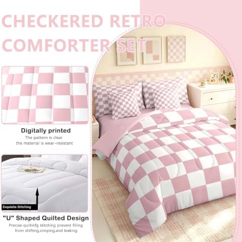 Feelyou Checkered 7 Piece Bedding Set Teen Women Men Pink Plaid Comforter Set with Sheets Queen Size Kids Boys Cute Retro Neutral Checkerboard Geometric Bed in a Bag Vintage Aesthetic Room Decor