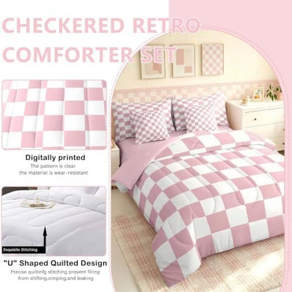 Feelyou Checkered 7 Piece Bedding Set Teen Women Men Pink Plaid Comforter Set with Sheets Queen Size Kids Boys Cute Retro Neutral Checkerboard Geometric Bed in a Bag Vintage Aesthetic Room Decor