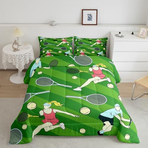 Castle Fairy Tennis Comforter Set Toddler Size for Kids Abstract Cartoon Athlete Bedding Sets All Season Tennis Racket Balls Quilt Set Bedroom Decor Green Geometric Stripes Down Comforter,2Pcs