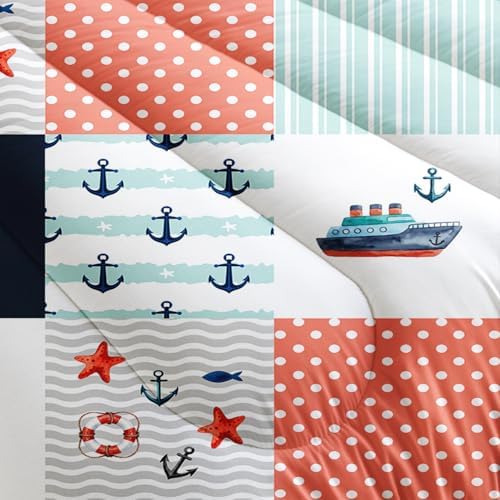 HOSIMA Nautical Bedding Set,Plaid Patchwork Pattern Hand Painted Seaplane,Boat and Anchor Comforter for Boys Kids Girls Bedroom Decor,Sea Adventure Theme Comforter Queen Size with 2 Pillowcases.